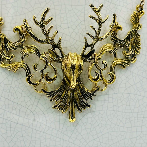 Stag of the Woods Deer Gold Tone statement necklace - Picture 4 of 13